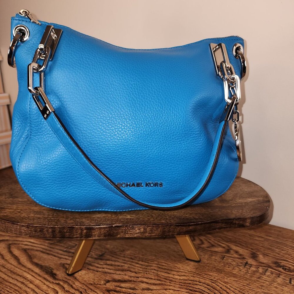 Large Turquoise Blue and Silver Hardware Michael Kors HOBO Bag